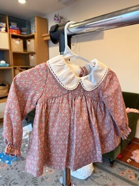Girls Pink Floral Cotton Smocked Top with White Peter Pan Collar